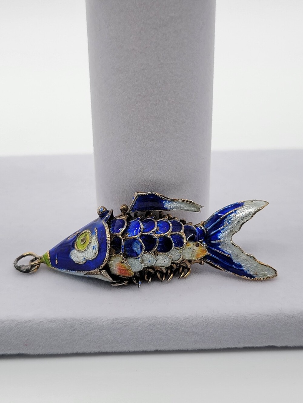Vintage Blue Enamel Articulated Fish Pendant 2 Inch